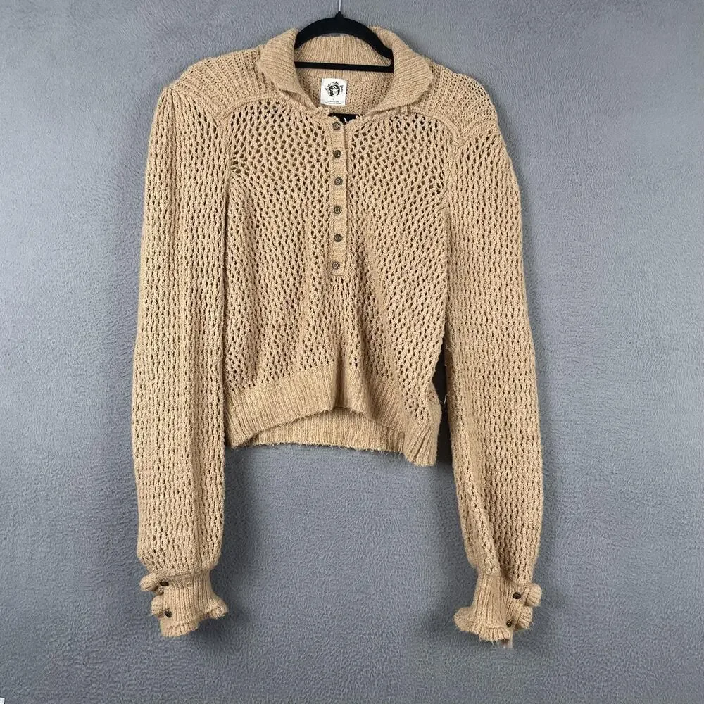We The Free Sweater Henley Womens S Beige Open-Knit Collared Button Free People